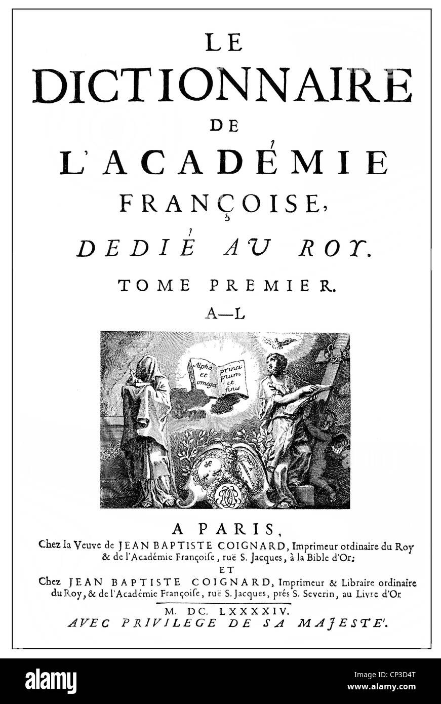 Titelseite der ersten Ausgabe des Wörterbuch der französischen akademischen Gesellschaft Académie Française oder der französischen Akademie, 1694 Stockfoto