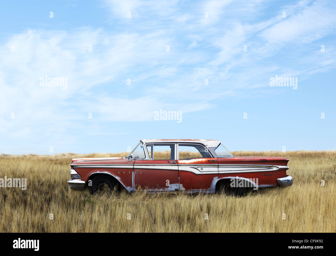 Edsel Automobile im Feld aufgegeben Stockfoto