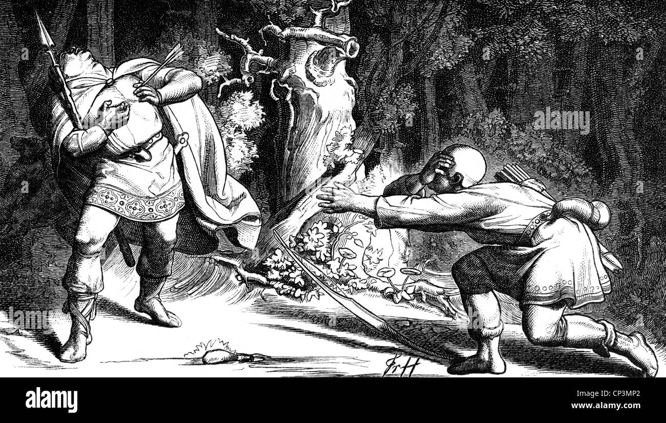 Ernest I., vor 994 - 31.5.1015, Herzog von Schwaben 1012 - 1015, Szene, sein Tod, Ernest wird während der Jagd, Holzgravur, 19. Jahrhundert, Haus Babenberg, versehentlich von einem seiner Männer getötet. Stockfoto