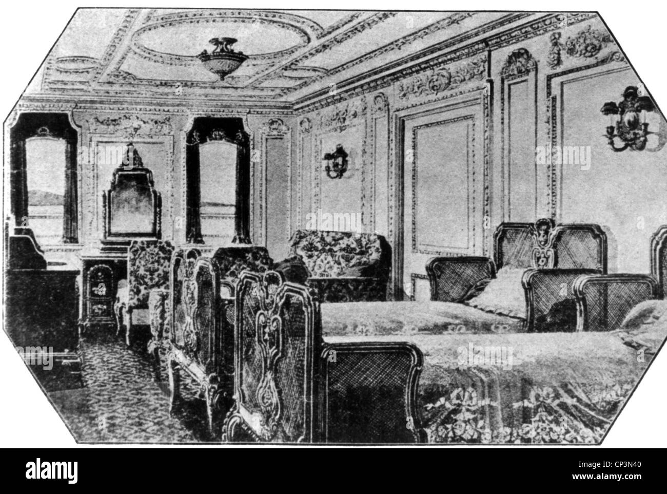 Transport/Transport, Navigation, Titanic, Innenansicht, Schlafzimmer einer Luxuskabine, April 1912, Zusatzrechte-Abferenzungen-nicht vorhanden Stockfoto