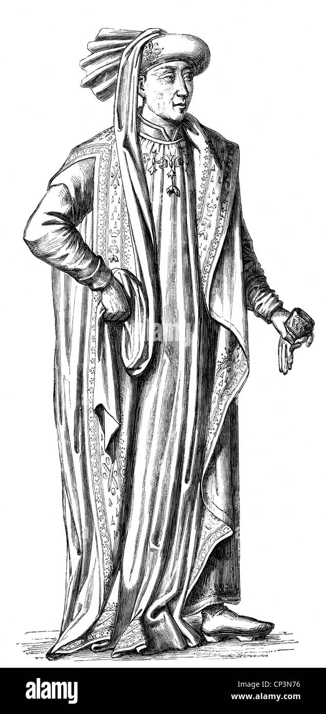 Philipp III. "Der Gute", 31.7.1396 - 15.6.1467, Herzog von Burgstall 1419 - 1467, volle Länge, Holzgravur, 19. Jahrhundert, nach einem Miniaturgemälde aus einer zeitgenössischen Handschrift, Stockfoto