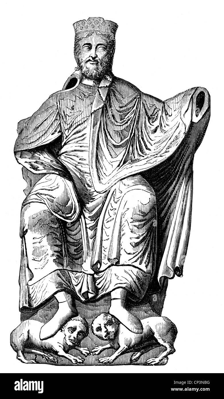 Dagobert I., ca. 608 - 19.1.639, König der Franken 629 - 639, volle Länge, Holzgravur, 19. Jahrhundert, nach einer Statue, Stockfoto