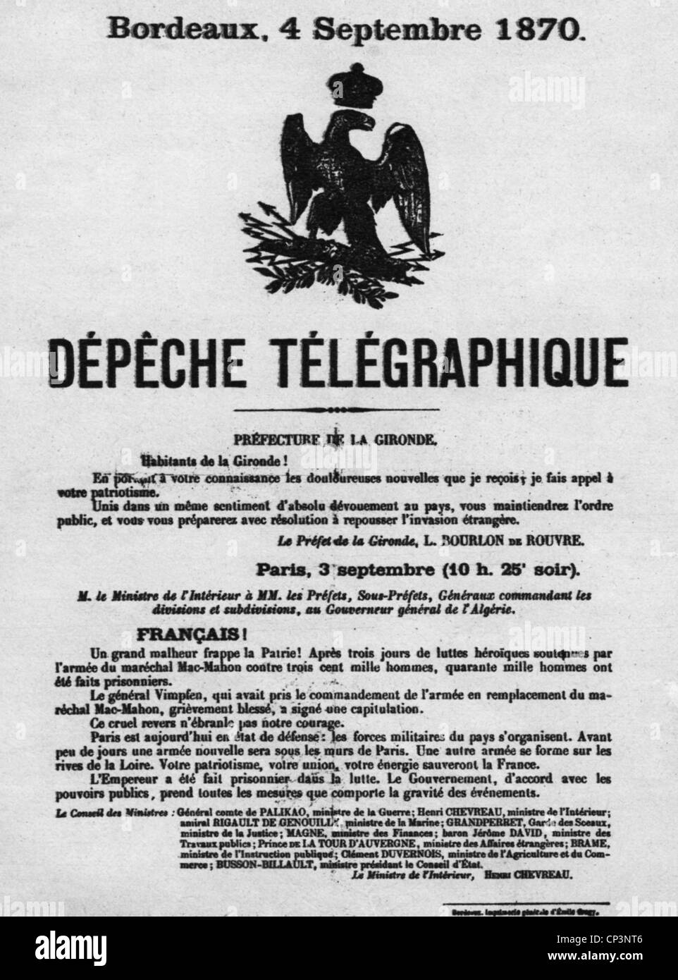 Ereignisse, Deutsch-Französischer Krieg 1870 - 1871, Politik, Erklärung der französischen Regierung an die Bevölkerung, Bordeaux, 4.9.1870, Frankreich, 19. Jahrhundert, Franco - Preußen, historisch, historisch, Zusatzrechte-Clearences-nicht vorhanden Stockfoto