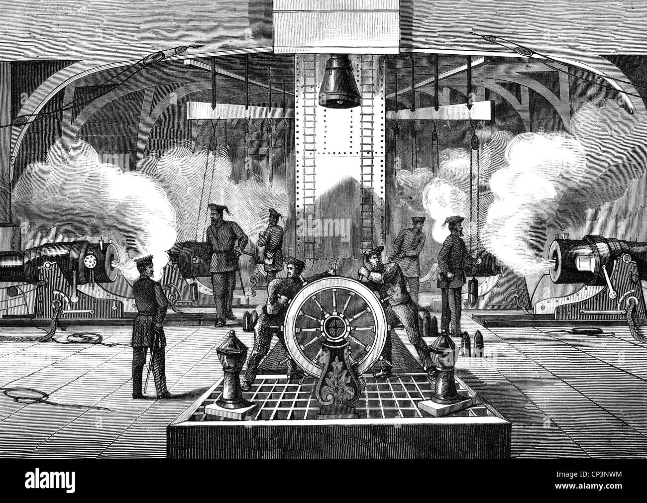 Veranstaltungen, Deutsch-Französischer Krieg 1870 - 1871, Seekrieg, Batterie des deutschen Eisenglades 'König Wilhelm', Holzstich, 1870, Zusatzrechte-Freienzen-nicht vorhanden Stockfoto