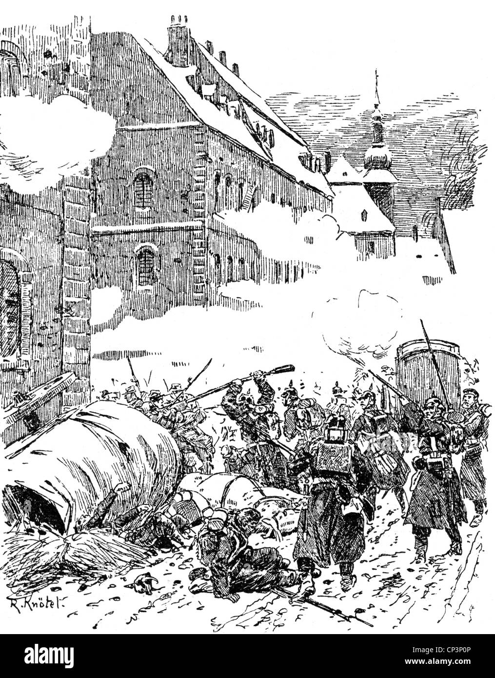 Ereignisse, Deutsch-Preußischer Krieg 1870 - 1871, Schlacht von Le Mans, 10.- 12.1.1871, Deutsche Infanterie in Straßenkämpfen beteiligt, Holzstich, 19. Jahrhundert, Soldaten, Winter, Deutschland, Frankreich, Französisch - Preußen, historisch, historisch, Menschen, Zusatzrechte-Clearences-nicht vorhanden Stockfoto