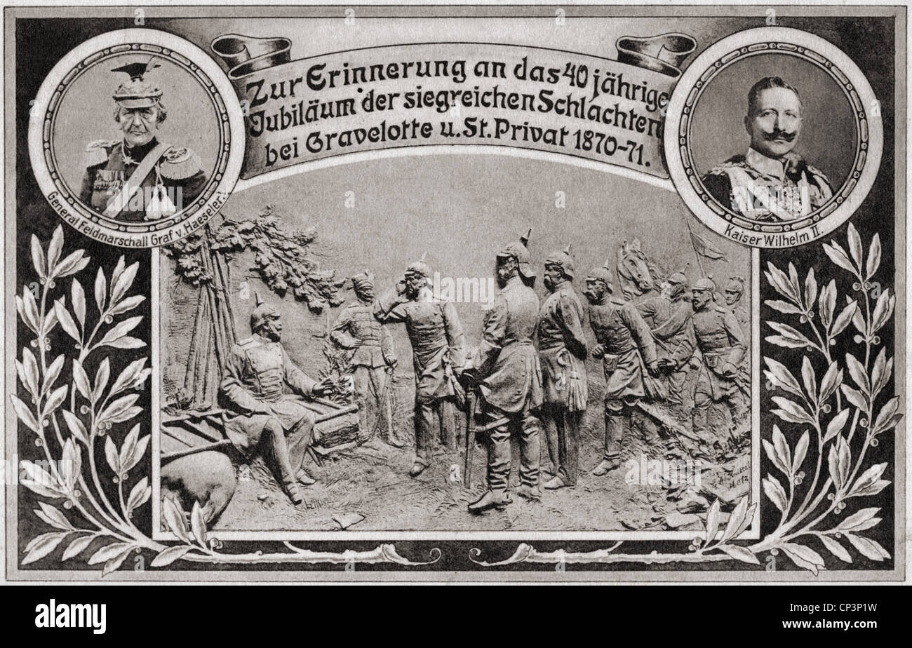 Ereignisse, Deutsch-Französischer Krieg 1870 - 1871, Schlacht bei Gravelotte, 18.8.1870, Gedenkpostkarte mit Porträts von Feldmarschall Gottlieb von Haeseler und Kaiser Wilhelm II., herausgegeben von E. Meisterzheim, Metz, 1910, Jubiläum, Lothringen, Deutschland, Frankreich, historisch, historisch, 20. Jahrhundert, 1910er Jahre, Menschen, Zusatzrechte-Clearences-nicht vorhanden Stockfoto