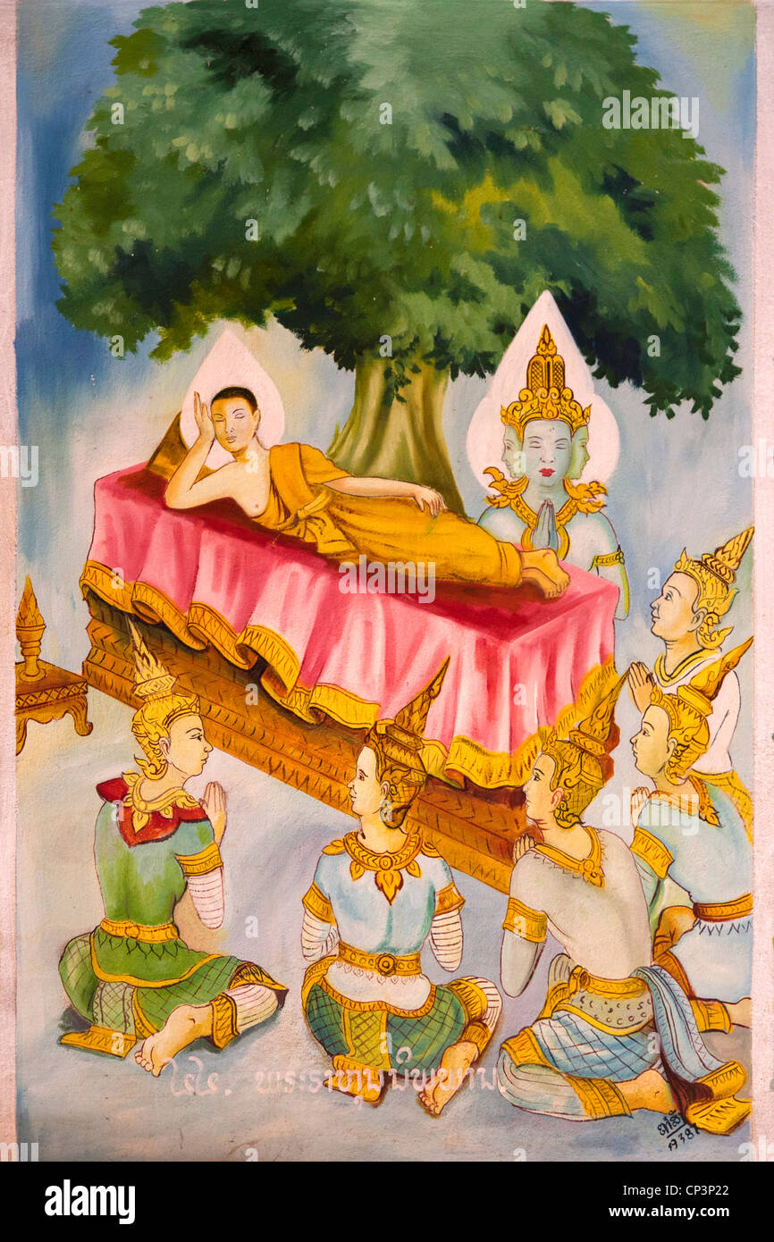 Eine bemalte Panel im Pa Phon Phao Tempel (Luang Prabang). Panneau Peint Dans le Tempel Pa Phon Phao, À Luang Prabang (Laos). Stockfoto