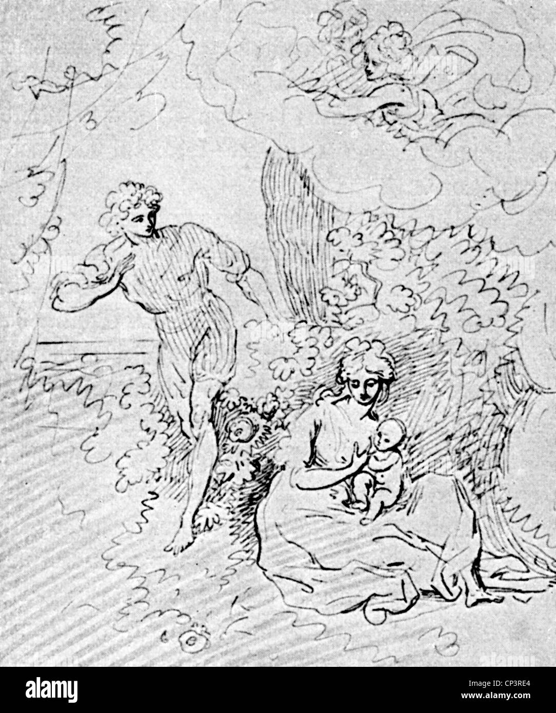 Wieland, Christoph Martin, 5.9.1733 - 20.1.1813, deutscher Autor/Schriftsteller, Dichter, Werk, Oberon (ca. 880), Szene, Zeichnung von Johann Heinrich Ramberg, Kestner-Museum, Stockfoto