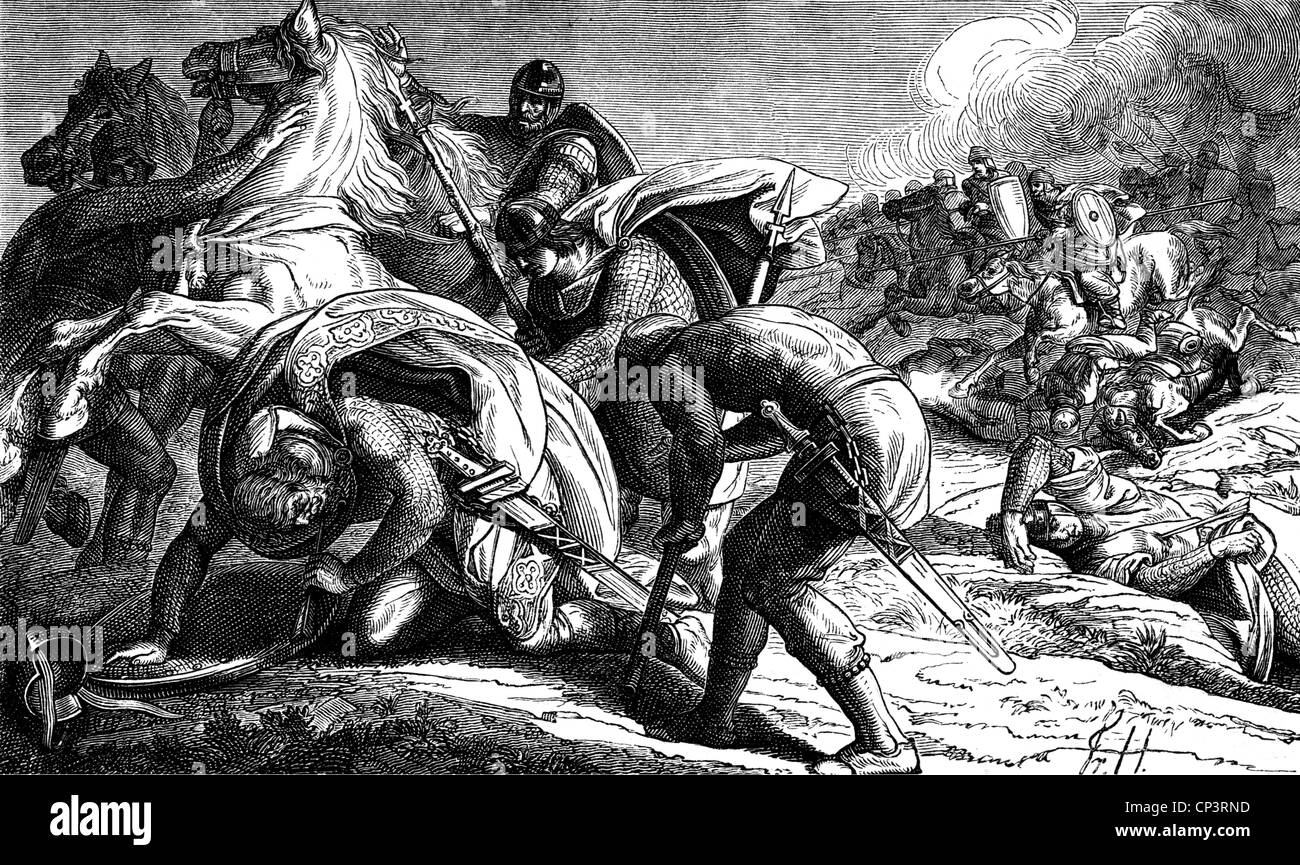 Conrad der Rote, ca. 922 - 10.8.955, Herzog von Lorraine 944 - 953, sein Tod in der Schlacht auf dem Mechfeld gegen die Magyaren, Holzgravur, 19. Jahrhundert, Stockfoto