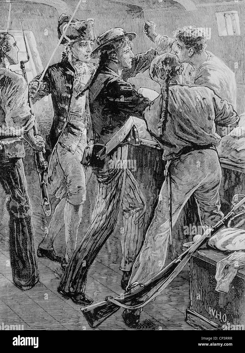 Bligh, William, 9.9.1754 - 7.12.1817, britischer Admiral, ausweis aus seinem Liegeplatz der Meuterer der HMS "Bounty", 28.4.1789, Holzgravur, 19. Jahrhundert, Stockfoto