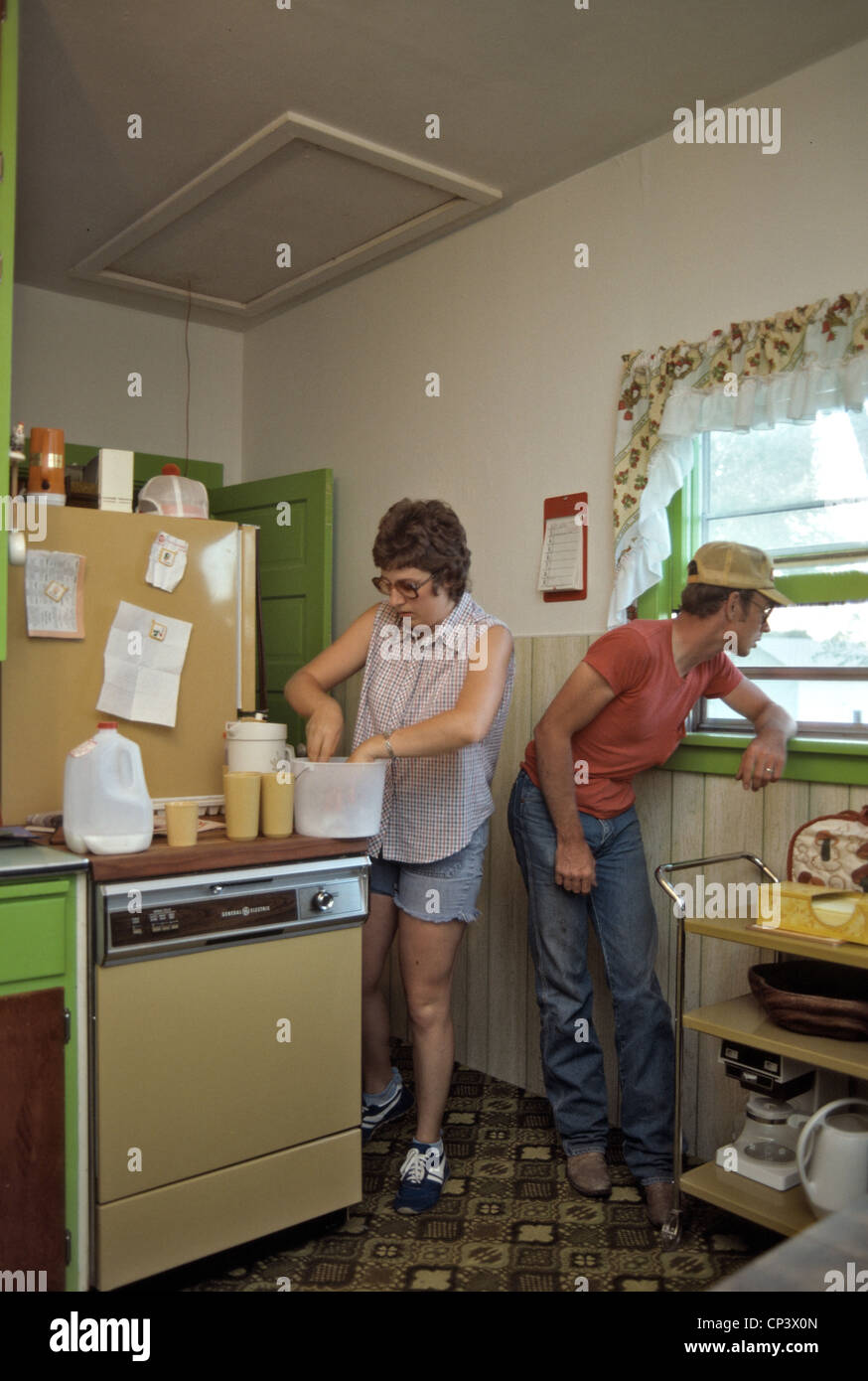 Typische 70er 70er Jahre Bauernhof-Küche in Nebraska USA mit gemusterten Boden Geschirrspüler Stockfoto