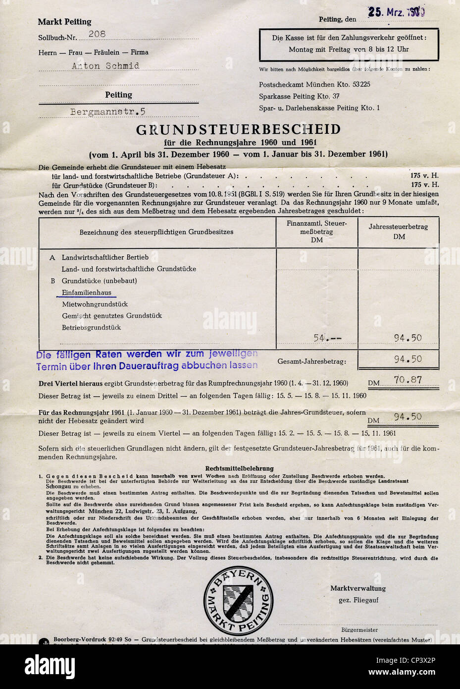 Geld / Finanzen, Zinsen und Steuern, Immobiliensteuerbewertung für die Rechnungsjahre 1960 und ...