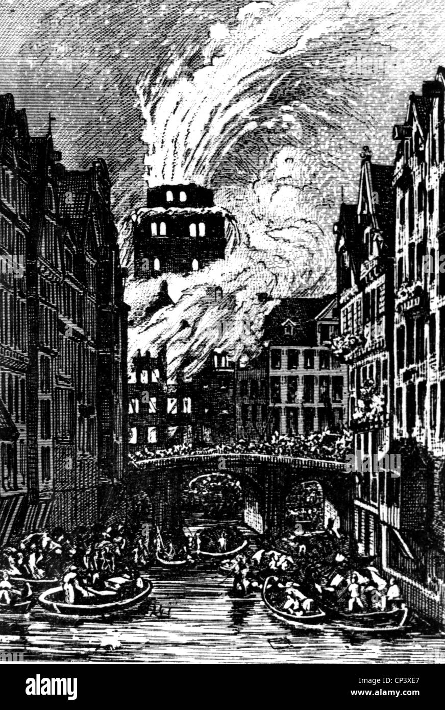 Feuer, Feuer, Hamburg Feuer 5.5.1842 - 8.5.1842, Nikolaikirche in Flammen, 6.5.1842, Holzstich, 19. Jahrhundert, Katastrophe, Katastrophen, Katastrophen, Katastrophen, Deutschland, Sankt Peter, historisch, Brennen, Petrikirche, Boote, Brücke, Menschen, Zusatzrechte-Clearences-nicht vorhanden Stockfoto