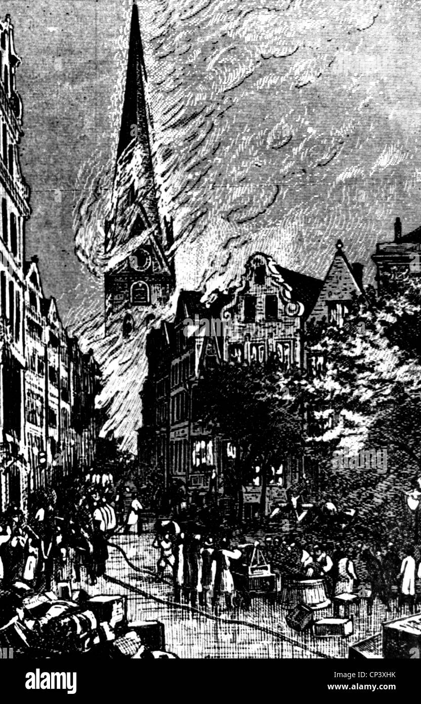 Feuer Feuer Hamburg Feuer 5 5 1842 8 5 1842 Hauptkirche St Petri In Flammen 7 5 1842 Holzstich 19 Jahrhundert Katastrophe Katastrophen Katastrophen Katastrophen Feuerwehrleute Deutschland Sankt Peter Historisch Brennen Petrikirche