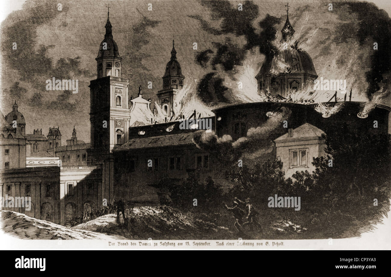 Feuer, Feuer, Feuer im Salzburger Dom, 15.9.1859, Zusatz-Rechte-Freiungen-nicht vorhanden Stockfoto