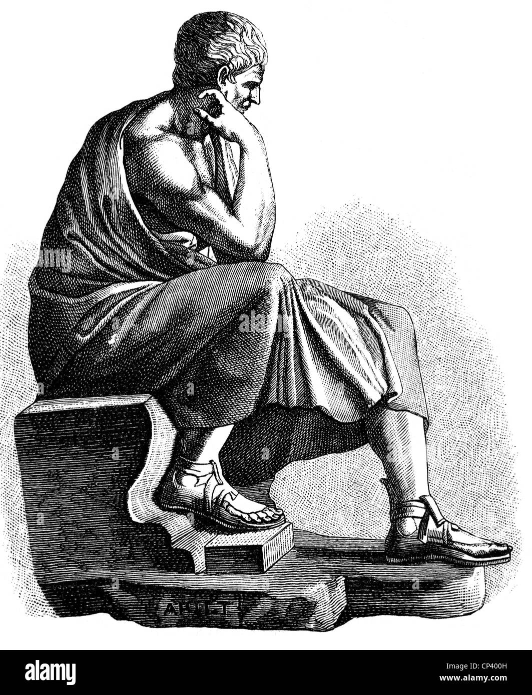 Aristoteles, 384 - 322 v. Chr., griechische Philosoph, vollständige Länge, antike Statue, Palazzo Spada, Rom, Holzgravur, 19. Jahrhundert, Stockfoto