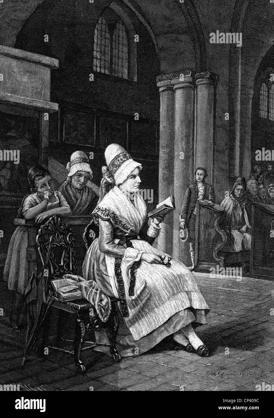 Religion, Christentum, Kirchengehen, 'in der Kirche', Frau während des Gottesdienstes, Holzstich von R. Jericke, nach einem Gemälde von A. Graf Posadowsky-Sandrart, 19. Jahrhundert, Zusatzrechte-Clearenzen-nicht vorhanden Stockfoto