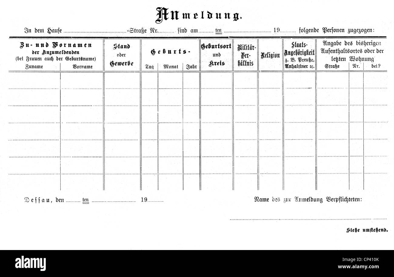 Wohnung, Anmeldeformular, Dessau, Sachsen-Anhalt, Deutschland, Anfang des 20. Jahrhunderts, Antrag, Anträge, Bericht, Berichte, Sachsen Anhalt, Deutschland, Deutsches Reich, Formular, Formulare, leer, Behörde, Behörden, Bürokratie, Bürokratien, Meldeamt, Meldestellen, historisch, historisch, 1900er, 1910er, Zusatzrechte-Clearenzen-nicht vorhanden Stockfoto