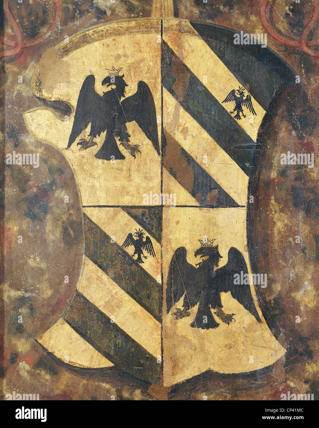 Marken - Urbino - Palazzo Ducale, ext. spezielle dell'alcova des Herzogs, das Wappen der Grafen von Montefeltro. Stockfoto