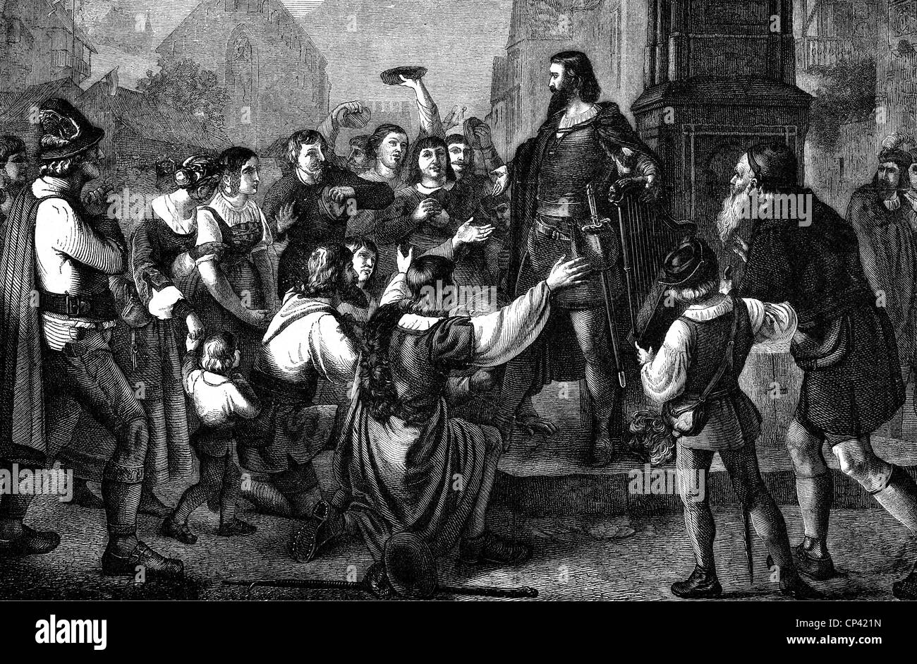 Friedrich IV., 1382 - 24.6.1439, Graf von Tyrol 1406 - 1439, bekannt als "Friedrich der Leeren Taschen", Szene, Hommage, Holzgravur, 19. Jahrhundert, nach einem Gemälde, Stockfoto