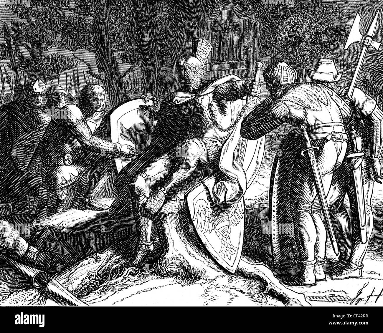 Friedrich "die Messe", 1289 - 13.1.1330, Herzog von Österreich, in voller Länge, in der Schlacht bei Muehldorf, 28.9.1322, besiegt von Louis von Wittelsbach, Holzgravur, 19. Jahrhundert, Stockfoto
