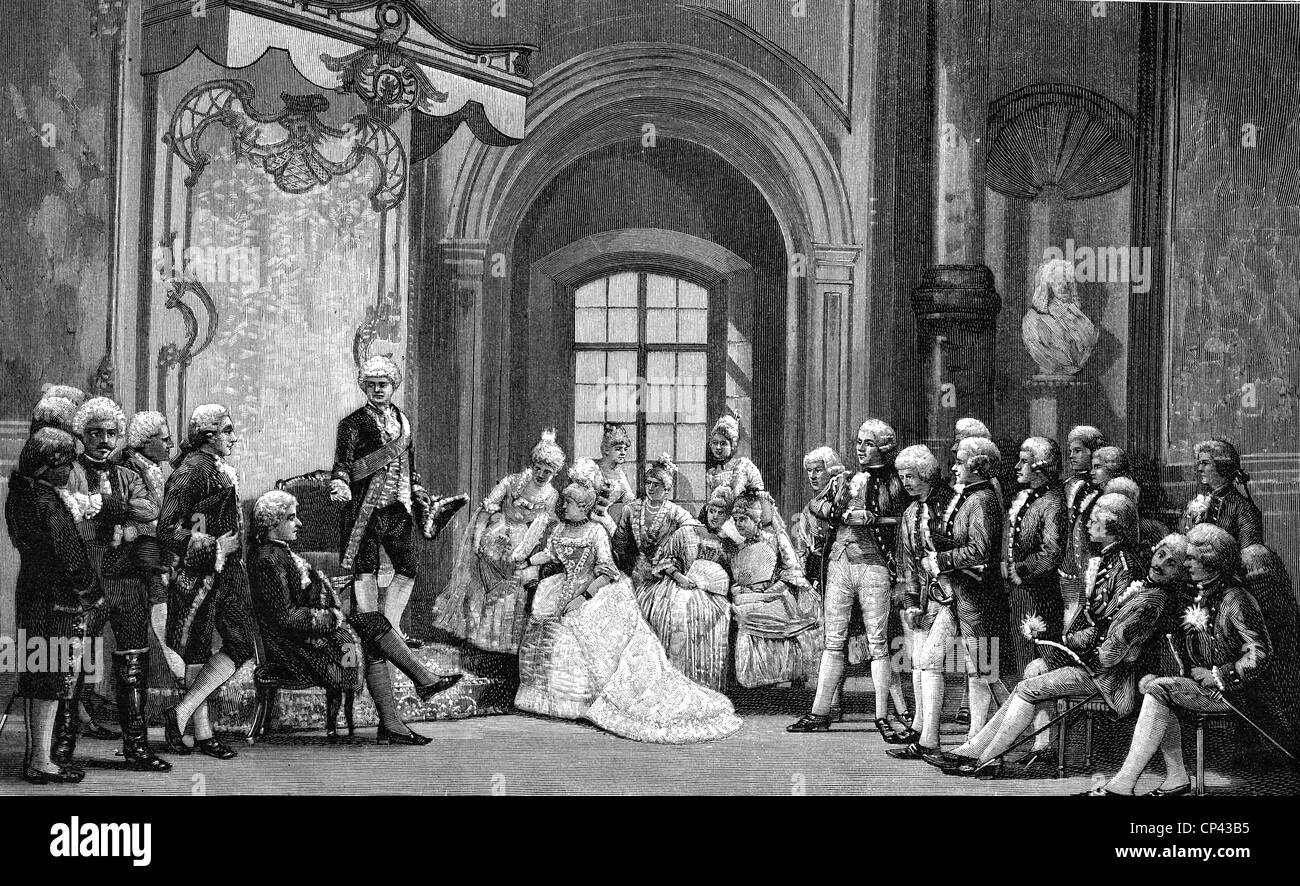 Goethe-Institut Johann Wolfgang von, 28.8.1749 - 22.3.1832, deutscher Dichter, Szene, erstes Treffen mit Friedrich Schillers anlässlich des 9. Jahrestages des Carl-Gymnasiums in Stuttgart, 14.12.j., Holzgravur, 19. Jahrhundert, Stockfoto