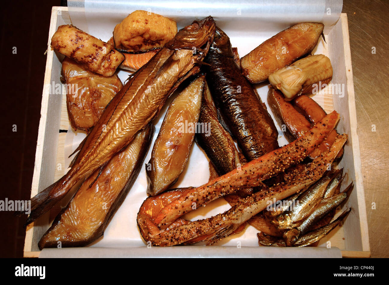Deutschland - Bremen - Deutschland - Bremen - Bremerhaven. Franke-Fischerei-Industrie. Paket von Räucherfisch Stockfoto
