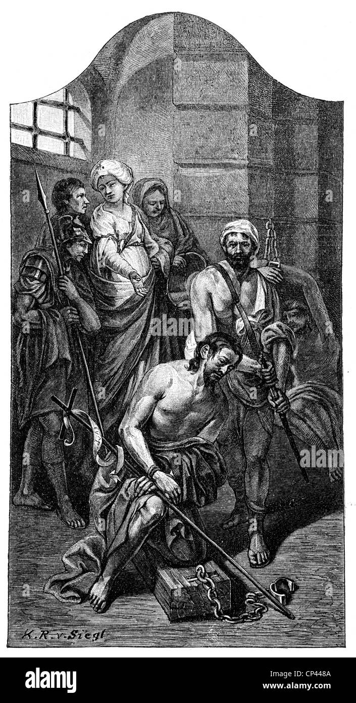 Johannes der Täufer, + ca. 30 n. Chr., Heiliger, Szene, Enthauptung, Holzgravur, 19. Jahrhundert, nach dem Altaraufsatz von Martin Knoller (1725 - 1804), Stockfoto
