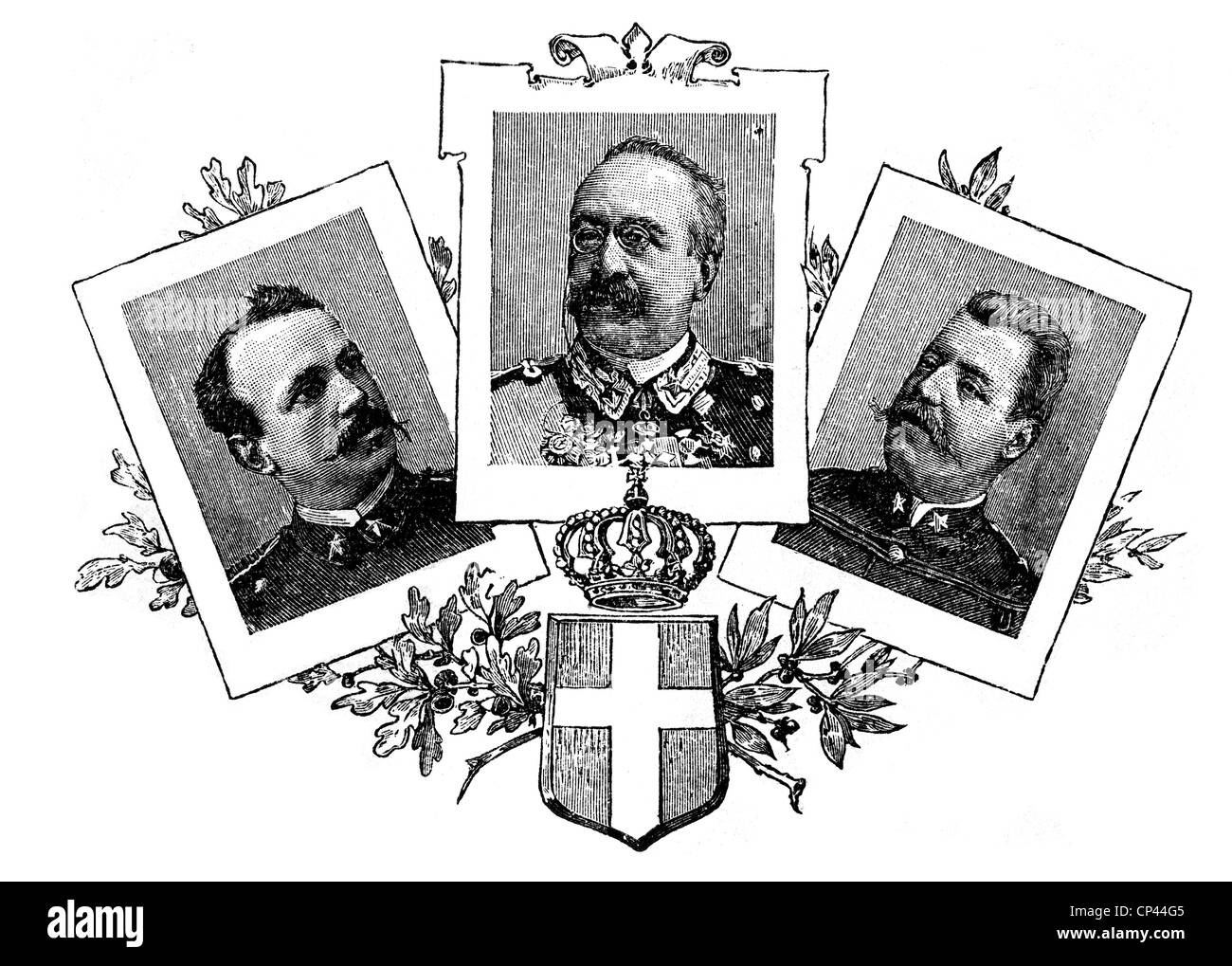 Baratieri, Oreste, 13.11.1841 - 8.8.1901, italienischer General, Porträt, mit Porträts zweier weiterer Offiziere, die am Ersten Italo-Äthiopischen Krieg teilnahmen, Holzgravur, Ende des 19. Jahrhunderts, Stockfoto
