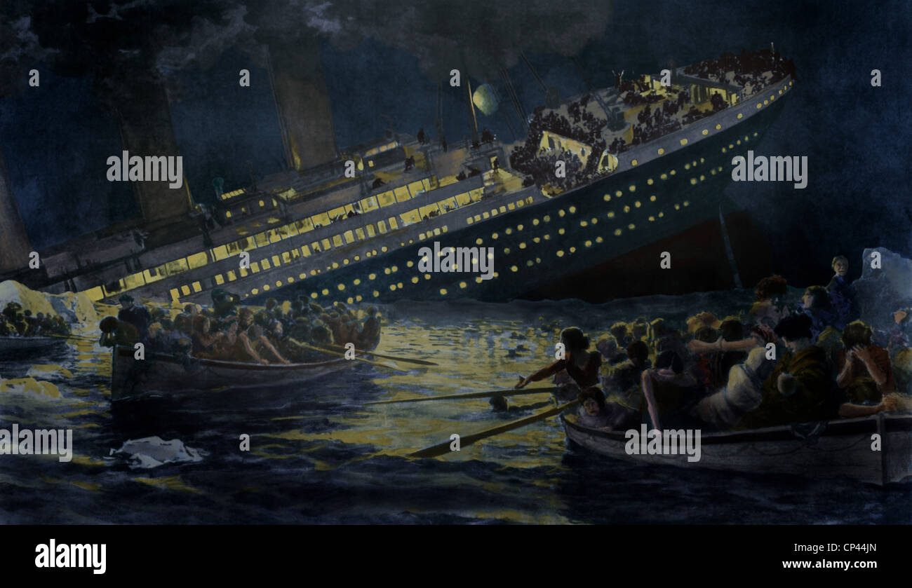 Untergang der Titanic. Die Rettungsboote Zeile entfernt das immer noch brennende Schiff am 15. April 1912 die Briten dargestellt Stockfoto