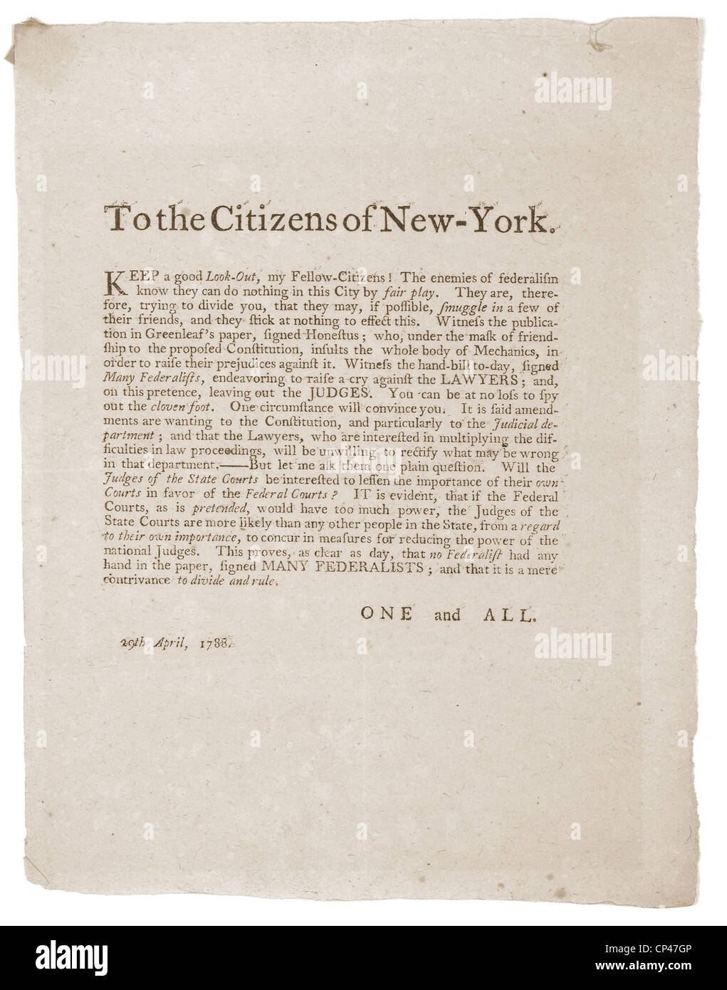 Anti-republikanischen Breitseite der 29. April 1788. Es zeigt die Kontroverse und Politik, die New Yorker Ratifizierung des verzögert die Stockfoto