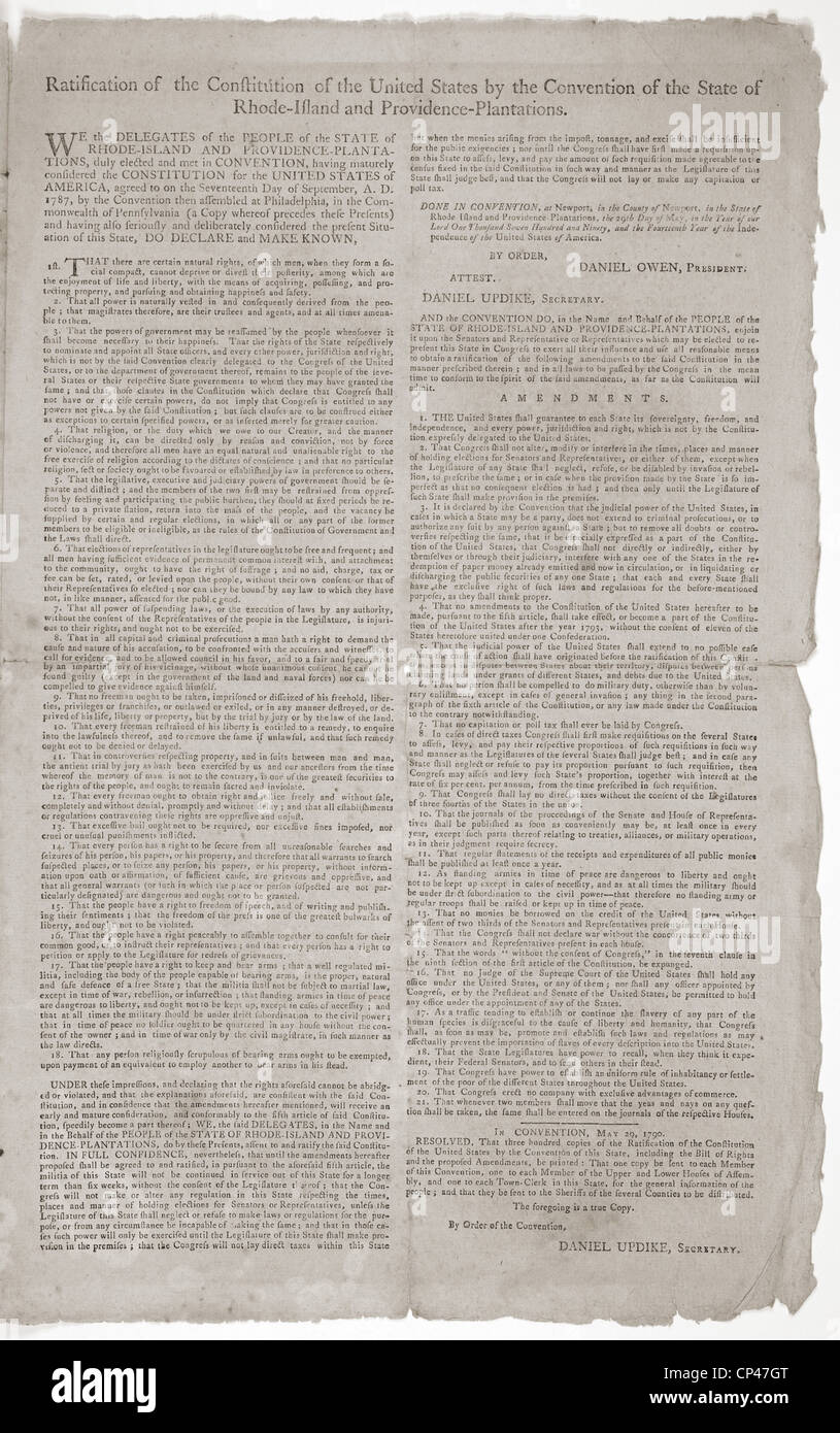 Breitseite Berichterstattung Rhode Island Ratifizierung der Verfassung. Rhode Island war der letzte der ursprünglichen 13 Kolonien Stockfoto