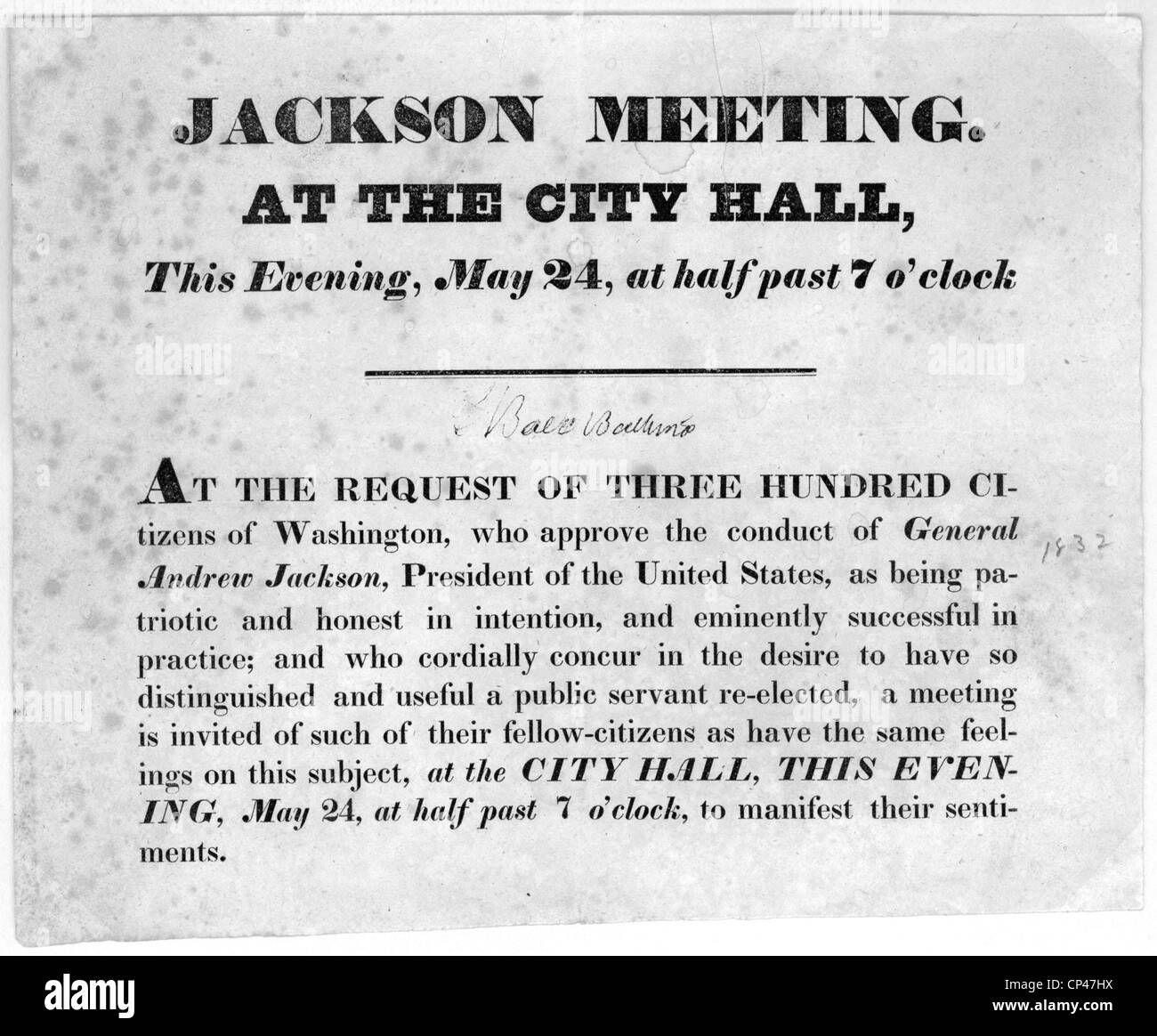 Rechnung bekanntgebende Andrew Jackson Fan Treffen, 1832 Stockfoto