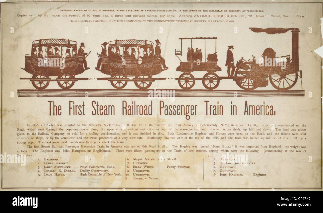 Der erste Dampf Eisenbahn Personenzug in Amerika. Der Mohawk & Hudson Railroad zeigt eine Dampfmaschine mit Auto für Kraftstoff Stockfoto