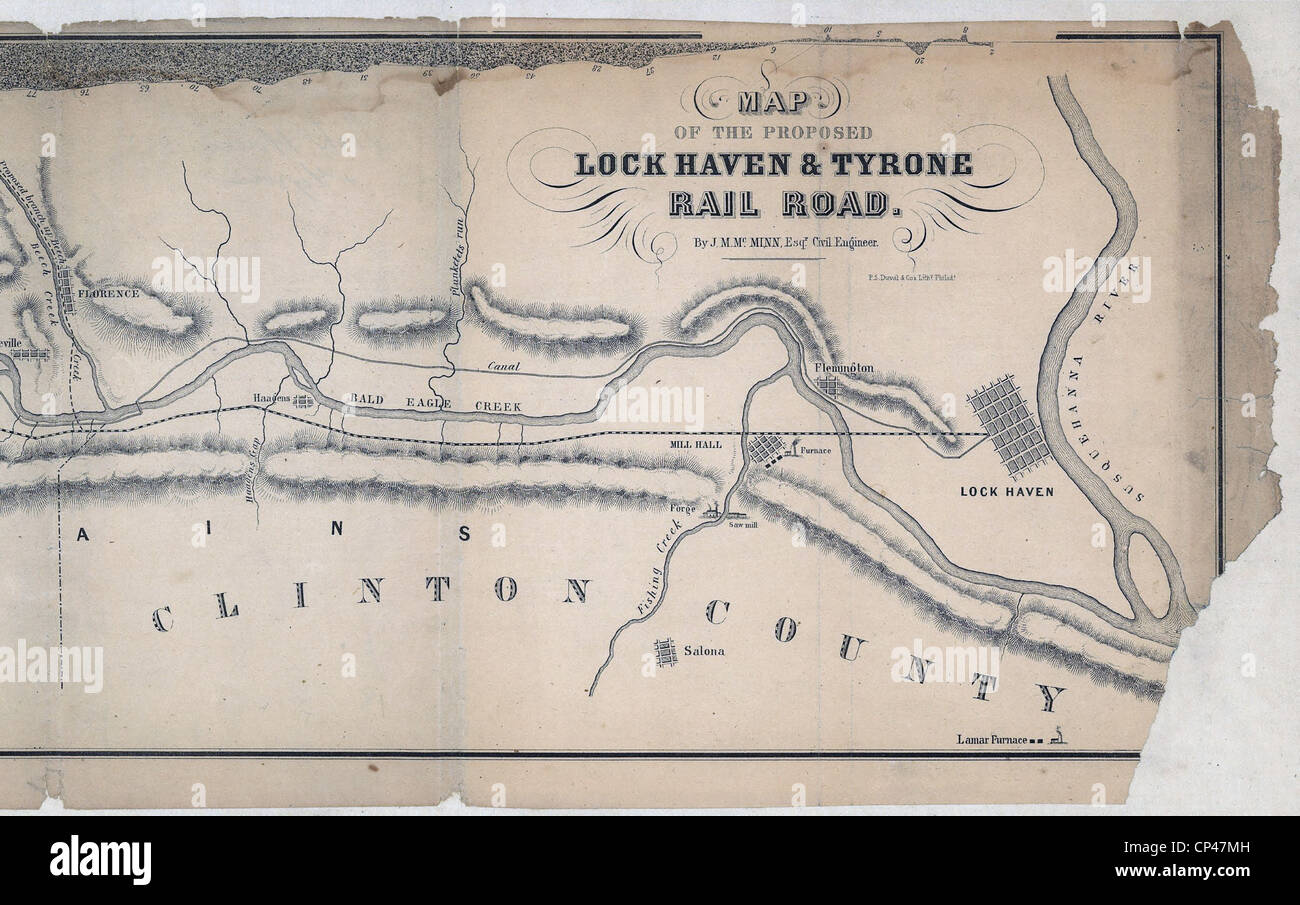 Karte der vorgeschlagenen Lock Haven und Tyrone Rail Road. 1857 Stockfoto