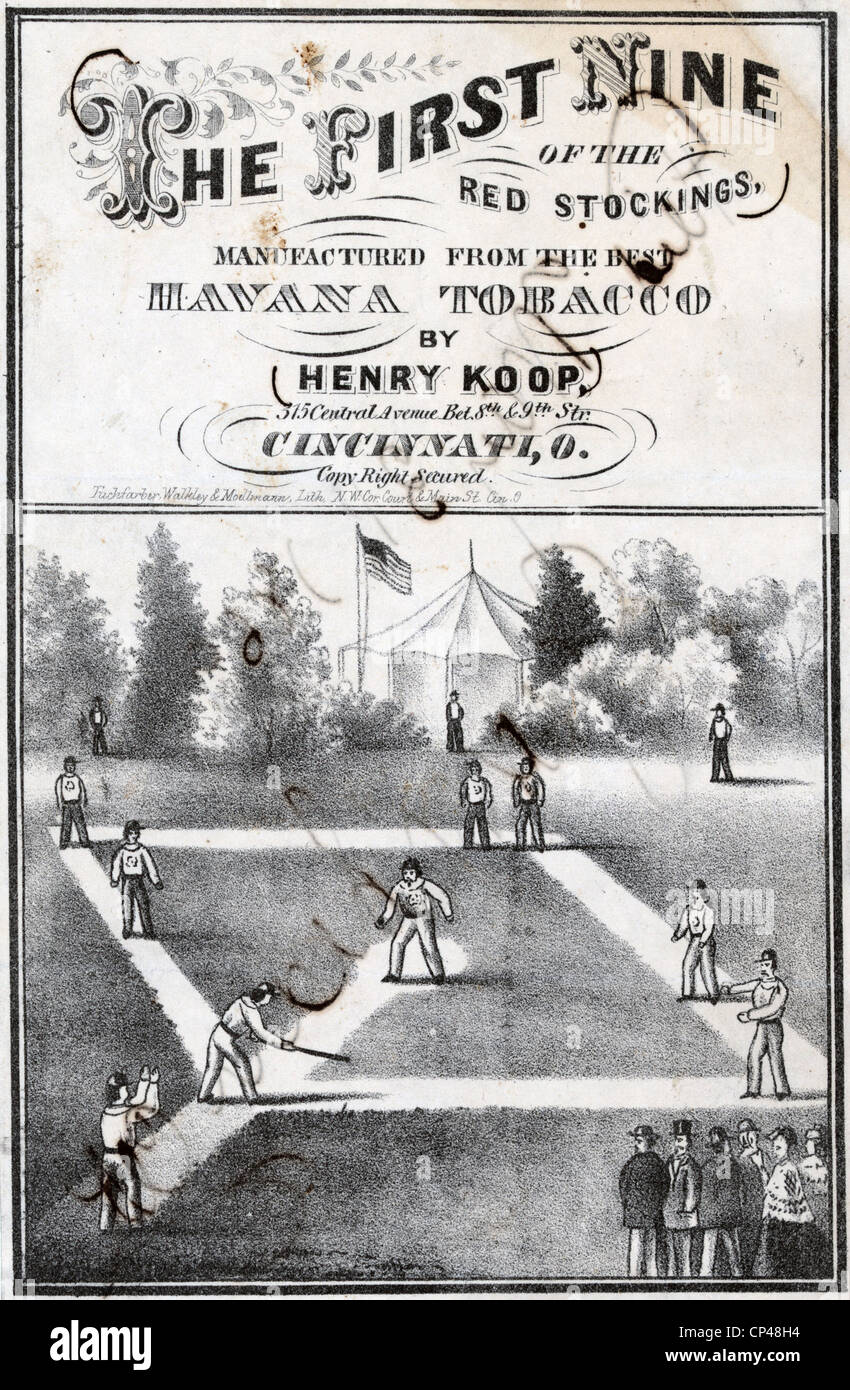 Drucken von Tabak auf dem Verpackungsetikett zeigt die Cincinnati Red Stockings auf dem Feld während eines Spiels 1869 Stockfoto