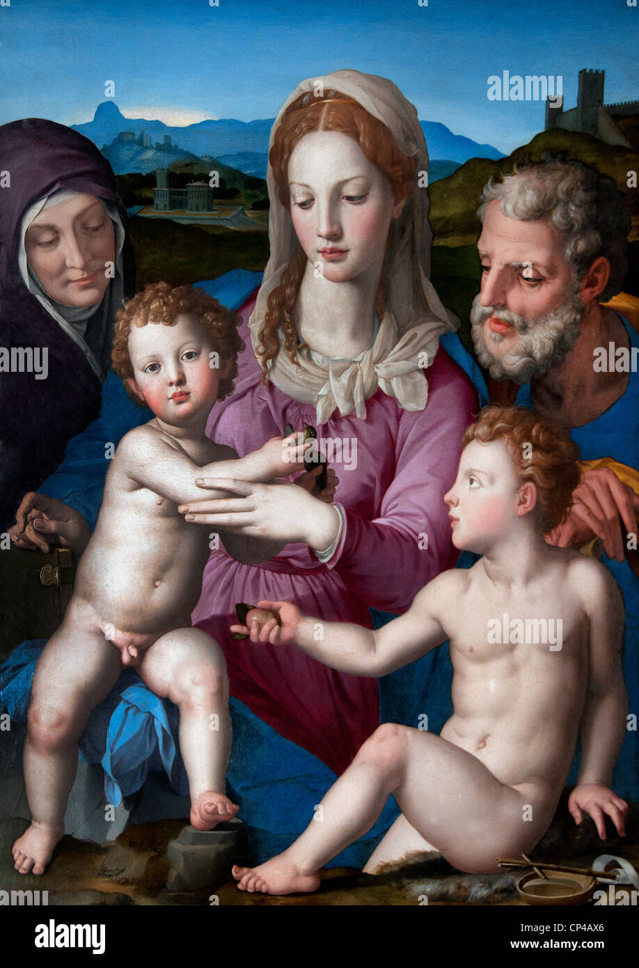 Heilige Familie mit der heiligen Anna und dem Kleinkind des heiligen Johannes des Täufers von Agniolo di Cosimo - Agnolo di Cosimo, Said, il Bronzino, 1503-1752 Stockfoto