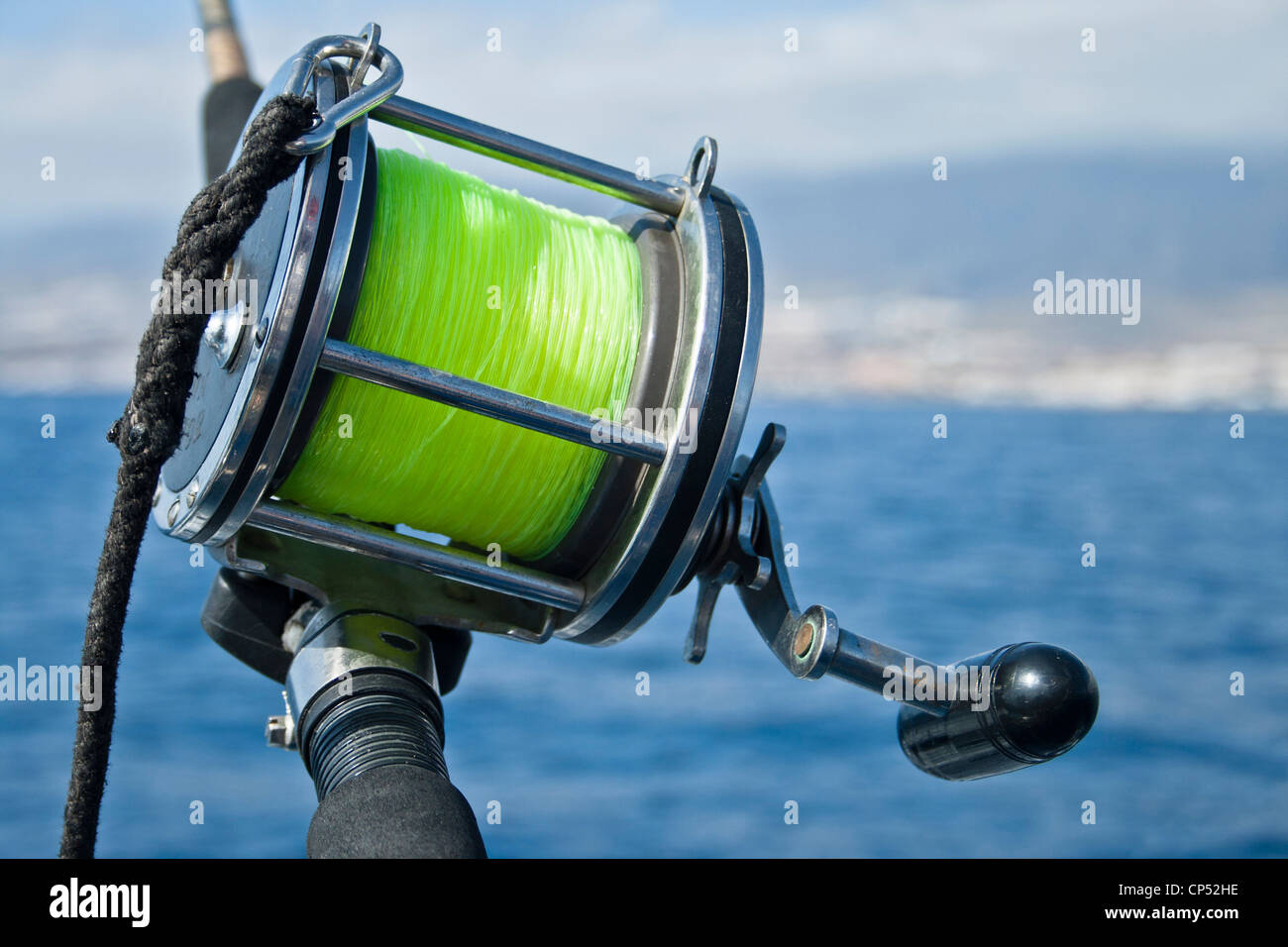 Big Game Fishing Rod fotografiert während einer Angeltour aus Teneriffa, Kanarische Inseln, Spanien. Stockfoto