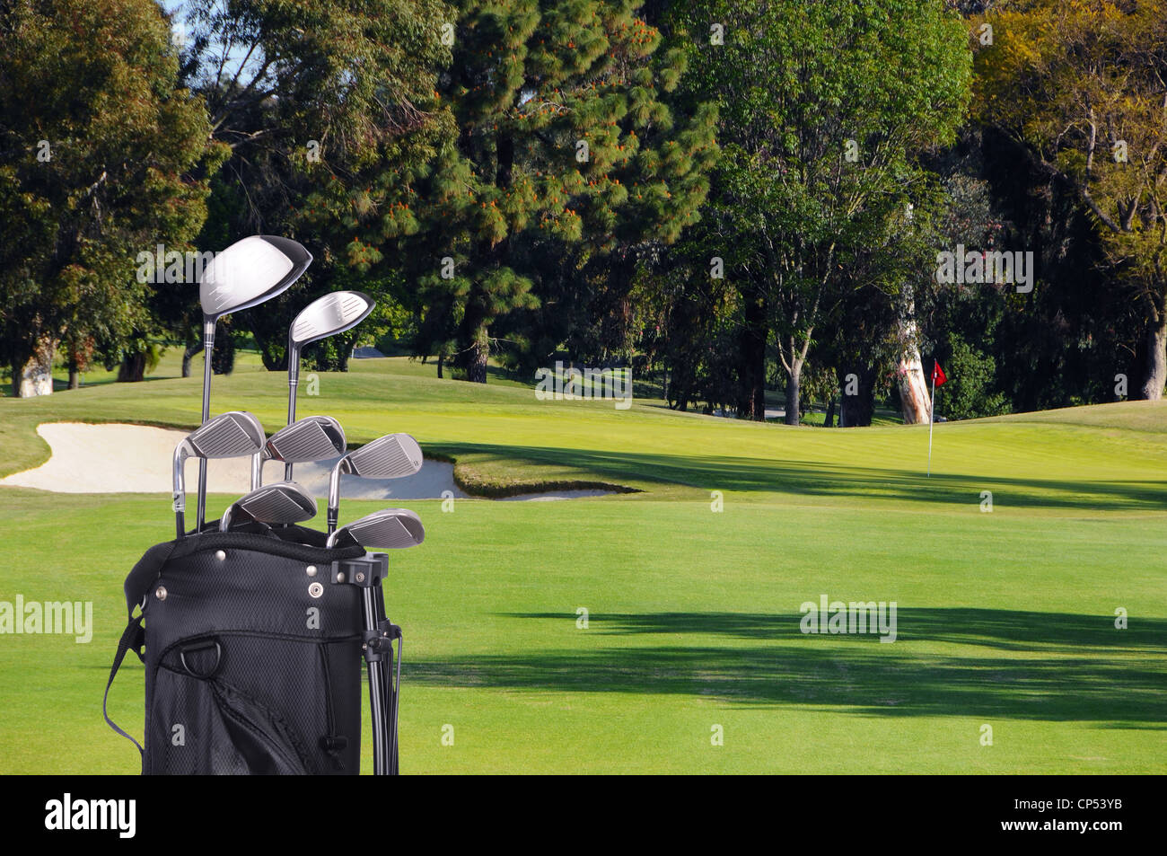 Nahaufnahme einer Reihe von Golfclubs in einem Beutel auf dem Fairway des Golfplatzes an einem sonnigen Tag. Stockfoto