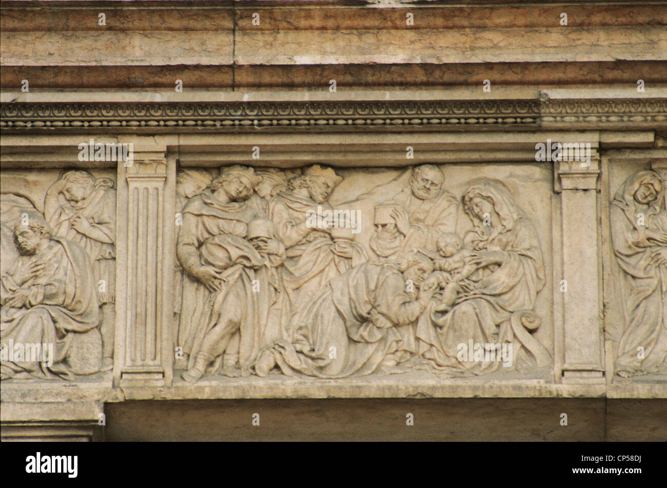 Emilia Romagna Bologna San Petronio Basilika, Haupteingang. Jacopo della Quercia (1371-1483), Anbetung der Heiligen drei Könige, Platten Stockfoto