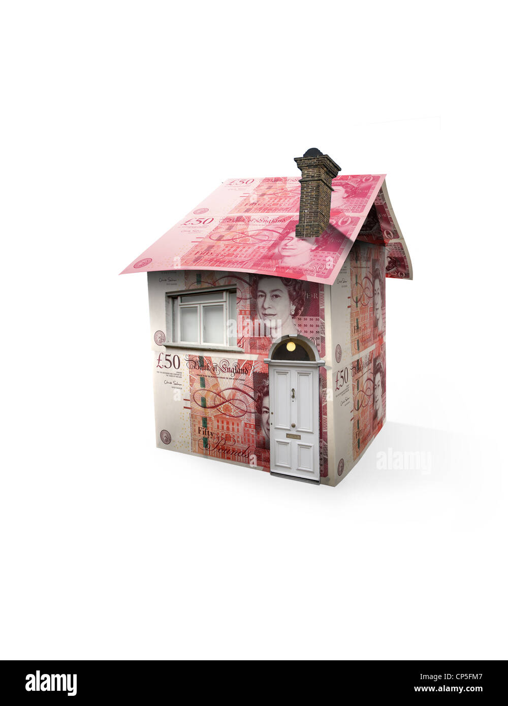 Haus aus Geld auf weißem Hintergrund Stockfoto