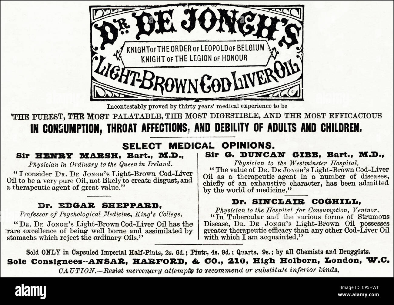 Original viktorianischen Werbung Werbung Dr DE JONGH'S HELL-BRAUN LEBERTRAN. Vom 13. Juni 1887. Stockfoto