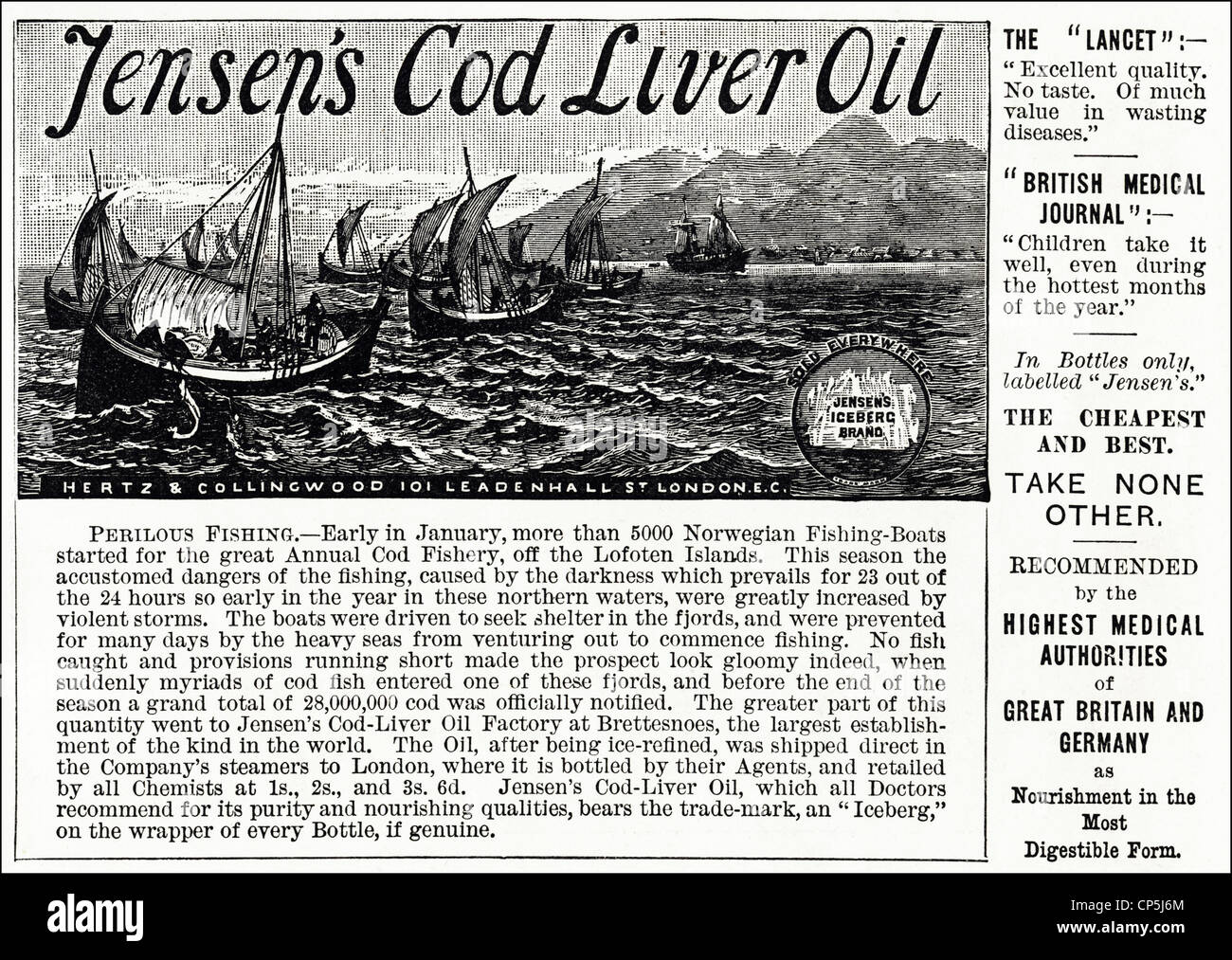 Original viktorianischen Werbung Werbung JENSEN LEBERTRAN. Vom 13. Juni 1887. Stockfoto