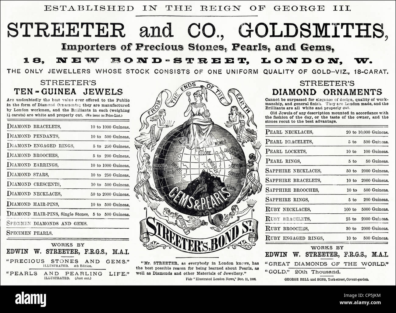 Original viktorianischen Werbung Werbung STREETER UND CO GOLDSCHMIEDE. Vom 13. Juni 1887. Stockfoto