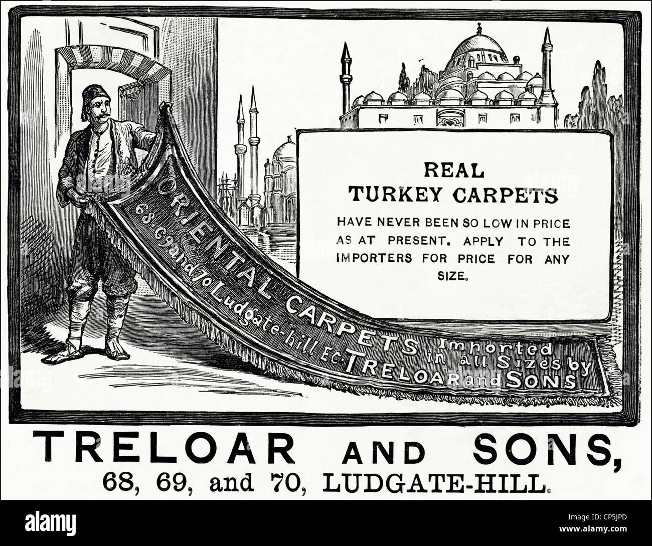 Original viktorianischen Werbung Werbung orientalische Teppiche aus der Türkei durch TRELOAR UND SÖHNE. Vom 13. Juni 1887. Stockfoto