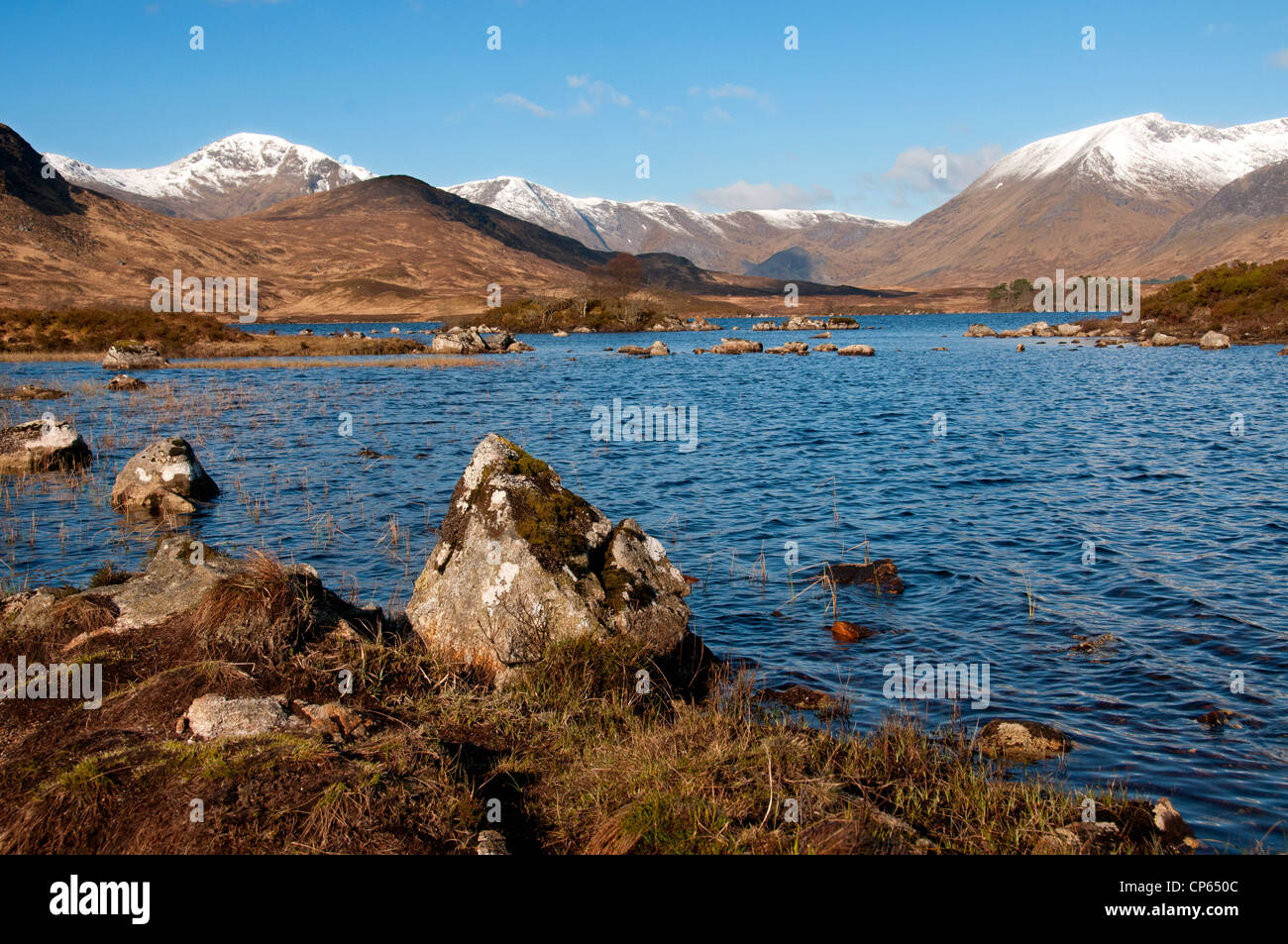 eine Landschaft von Rannoch moor und Schnee bedeckte Spitzen der schwarzen Berg im Vordergrund wieder Boden und gute Interesse Stockfoto