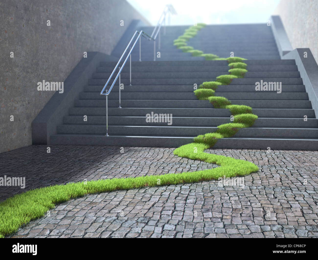 Urbane Ökologie-Konzept - Rasen Streichriemen über Treppen Stockfoto