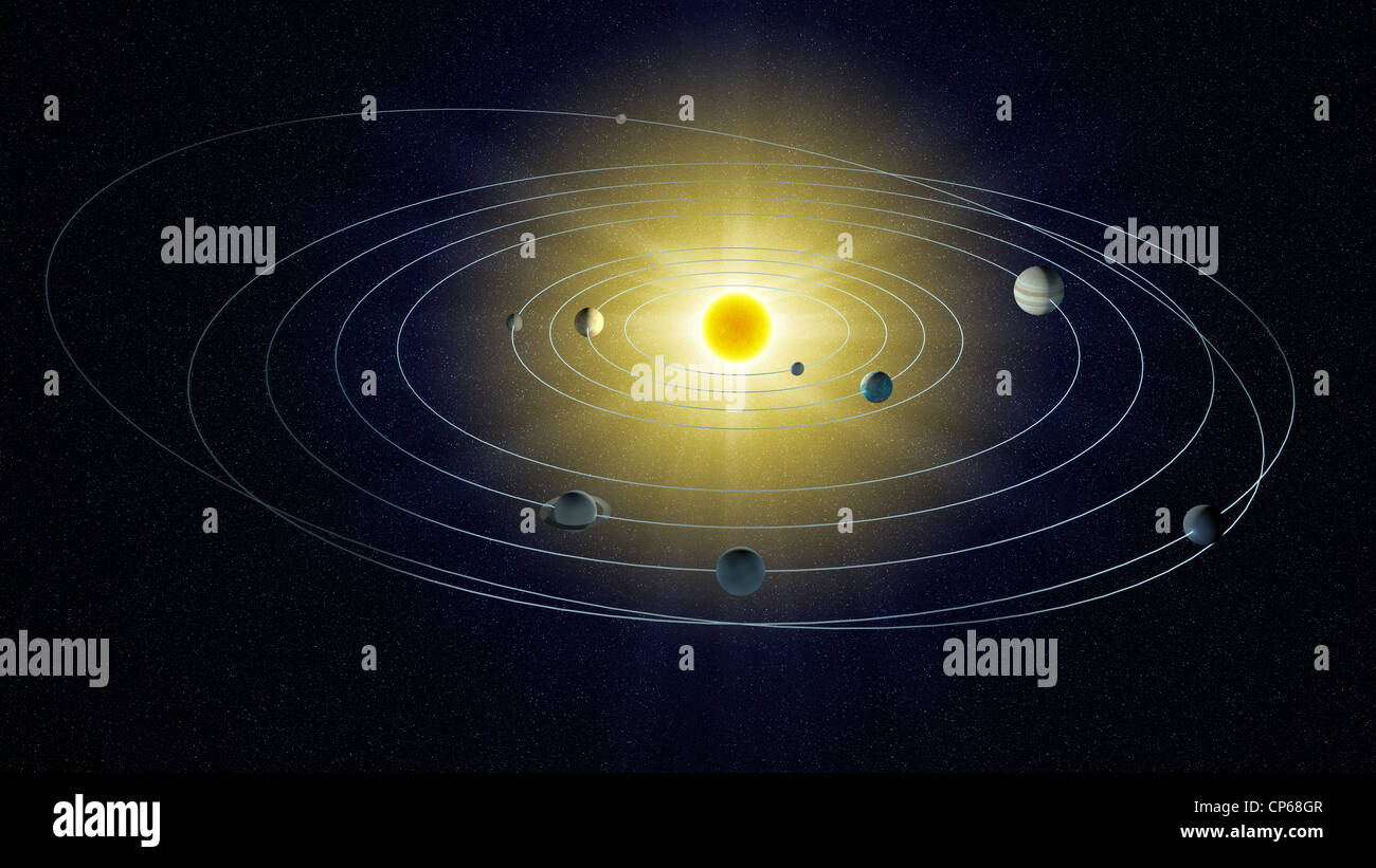 Eine stilisierte Ansicht des Sonnensystems. Stockfoto