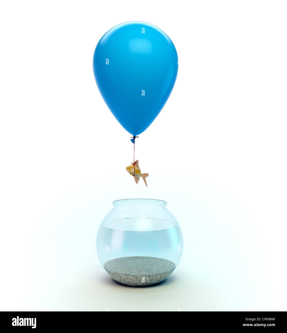 Gold-Fisch fliegen weg von einem Goldfischglas mit Hilfe eines Ballons Stockfoto