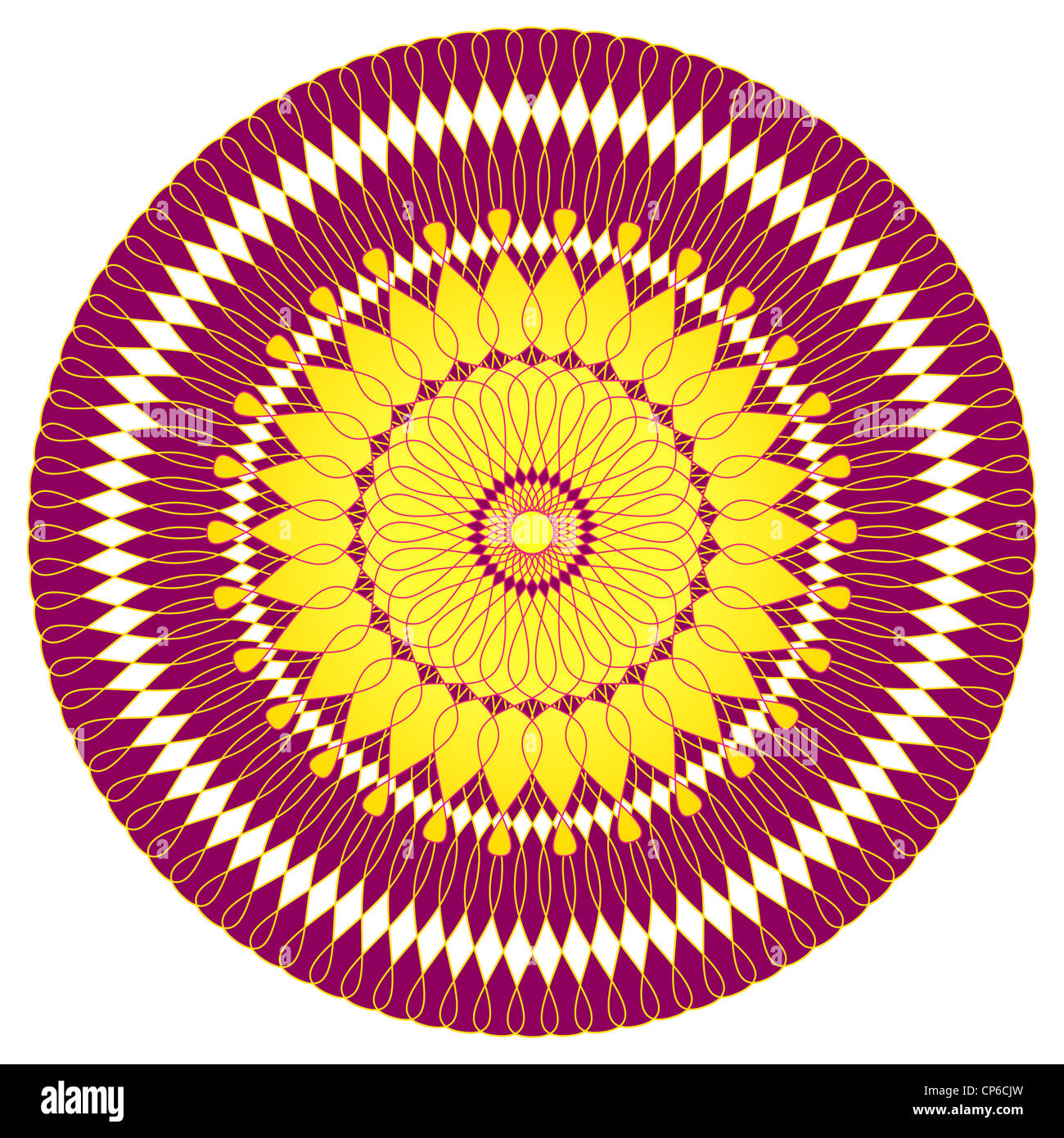 Künstlerische Blume Mandala Design in lila und gelb Stockfoto